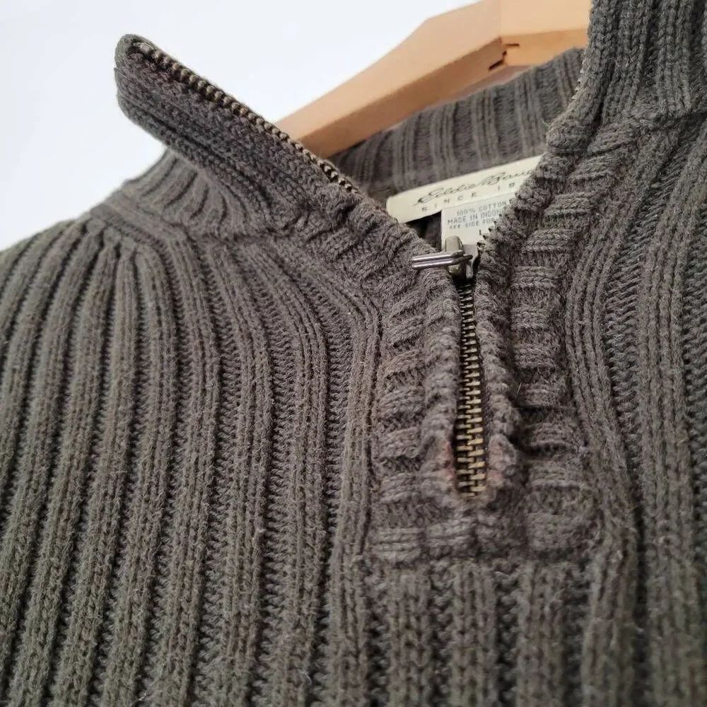 Eddie Bauer Men’s Ribbed Half Zip Sweater L Olive Green 100% Cotton Vintage Y2K - Picture 3 of 7